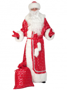 Костюм Дед мороз плюш-серебро красный (халат,шапка,варежки,мешок,борода,пояс) разм.XL (56-58/188)
